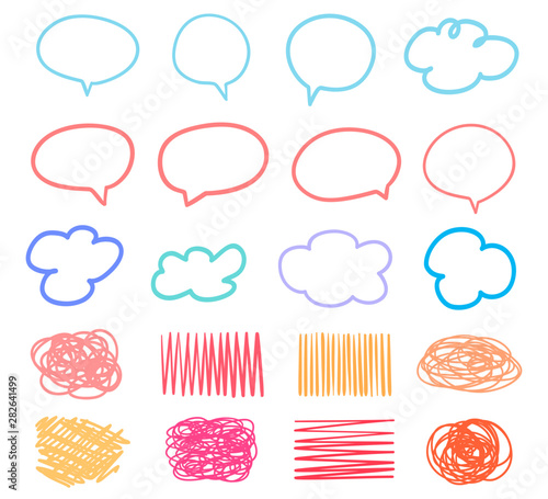 Set of hand drawn multicolored think and talk speech bubbles on white. Colored hatching shapes with array of lines. Wavy samples. Hand drawn tangled patterns. Colorful illustration