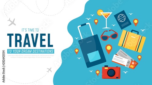 Its time to travel to your dream destination banner vector illustration. Template with sunglasses, camera, boarding pass, passport and suitcases. Tourism concept. Place for text