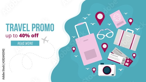 Travel promo banner vector illustration. Webpage template with profitable proposition of discount up to 40 percent, camera, tickets, location pin, luggage and read more button. Tourism concept