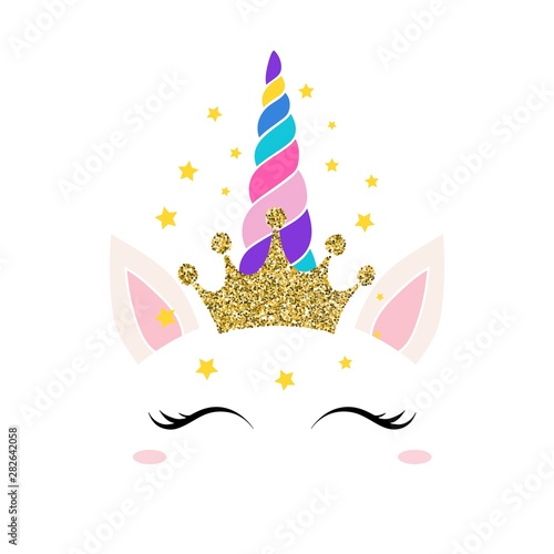 Unicorn queen card vector illustration. Magic pretty equine face with closed eyes with long eyelashes in joy. Happy mythical animal with glittery crown flat style concept. Isolated on white background