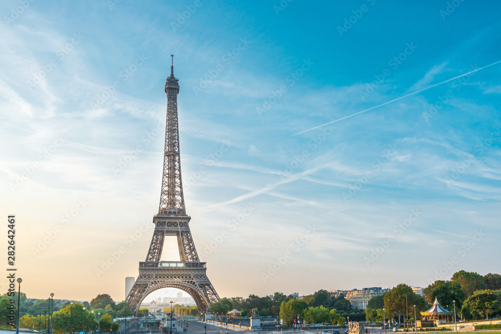Naklejka premium PARIS, FRANCE - August 19, 2018: Eiffel Tower, nickname La dame de fer, the iron lady, The tower has become the most prominent symbol of Paris. Paris, France
