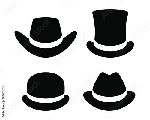 Hats graphic icons set. Cowboy hat, top hat, bowler hat, hat black signs isolated on white background. Vector illustration