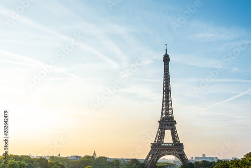 PARIS, FRANCE - August 19, 2018: Eiffel Tower, nickname La dame de fer, the iron lady, The tower has become the most prominent symbol of Paris. Paris, France