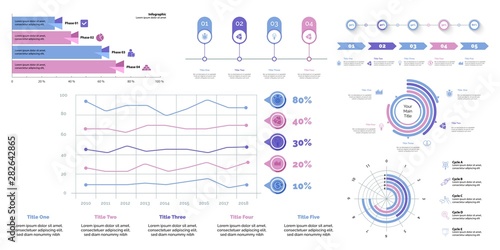 Business inforgraphic slide design set can be used for presentations, annual report, web design. Management concept. Process, option, comparison graphs, area chart, flowchart, donut diagram