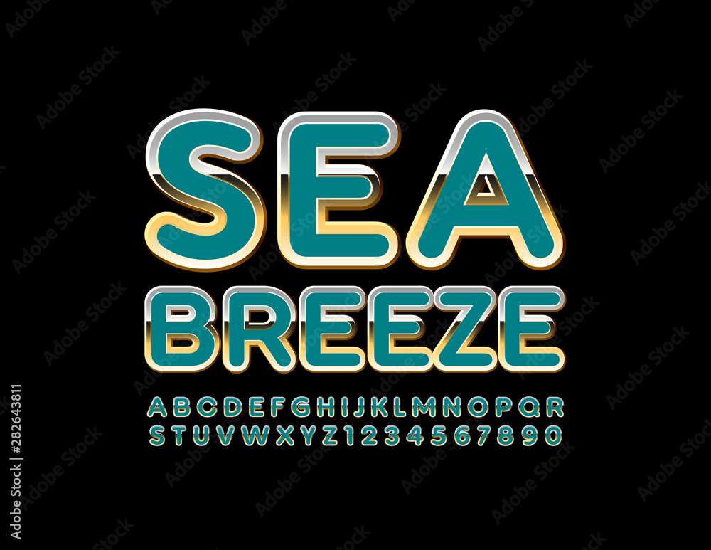 Vector chic banner Sea Breeze. Beautiful Uppercase Font. Golden Alphabet Letters and Numbers Vector chic banner Sea Breeze. Beautiful Uppercase Font. Golden Alphabet Letters and Numbers
