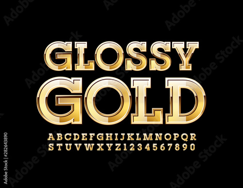 Vector glossy golden Font. Luxury Alphabet Letters and Numbers.