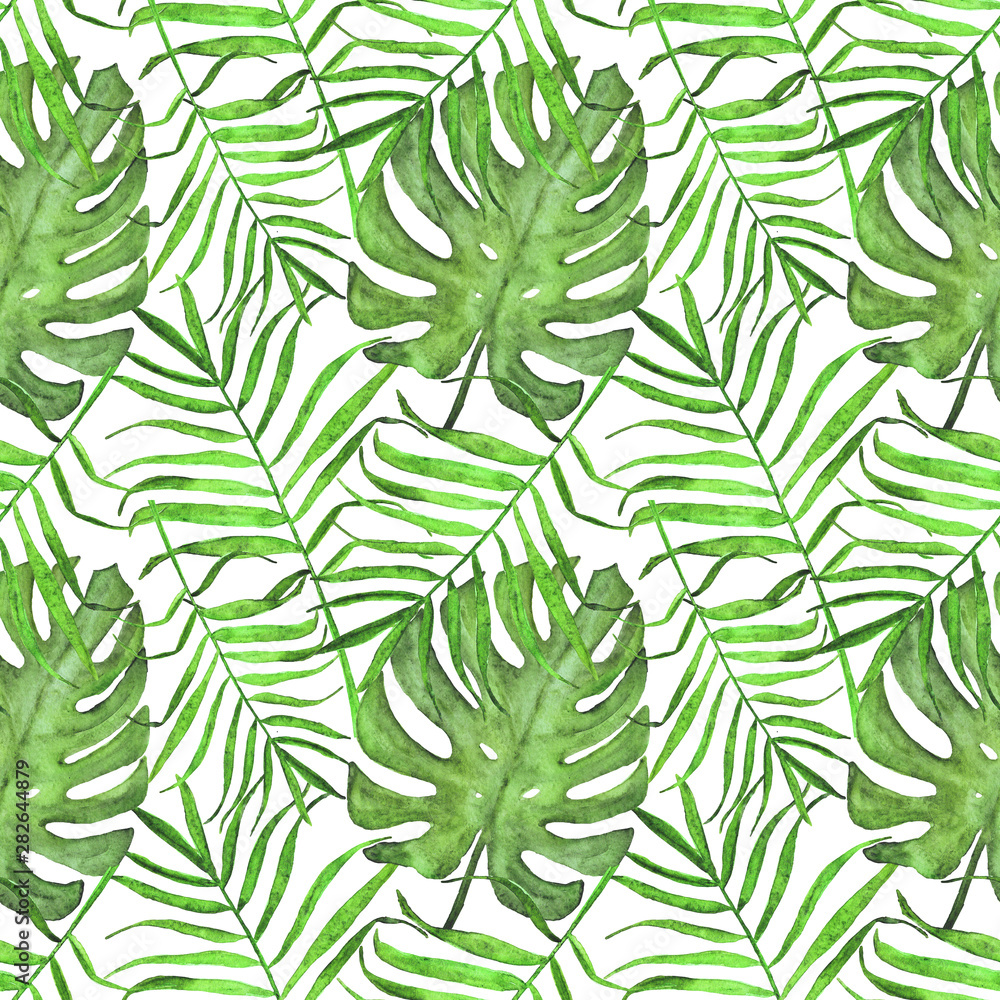 watercolor palm leaves and monstera seamless pattern. Summer bright pattern of tropical leaves.