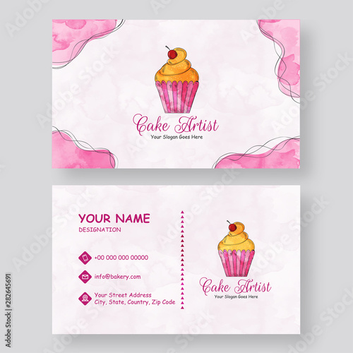 Front and back view of business card or horizontal template design for Cake Artist.