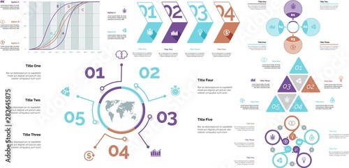 Project infographic design template set for stock and trade concept. Can be used for business project, annual report, web design. Option, process, line graphs, cycle chart, scatter plot, flowchart