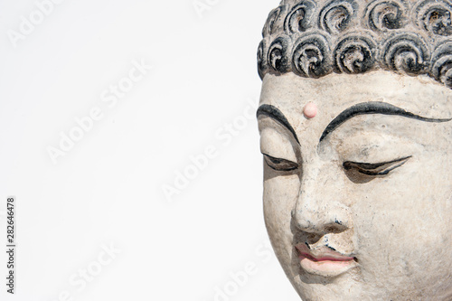 Buddha Head Meditating On A White Background. Buddha is not a name, but a title. It is a Sanskrit word that means “a person who is awake.” What a buddha is awake to is the true nature of reality.