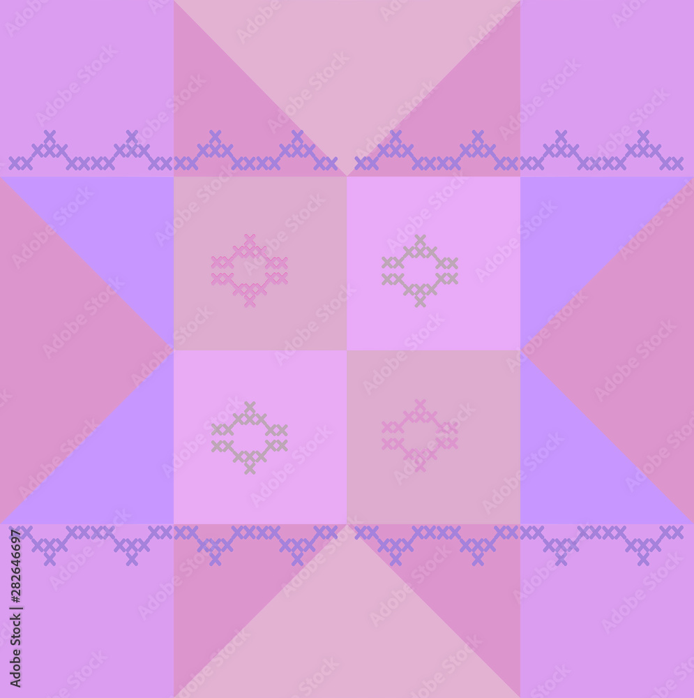 Geometric block pattern for patchwork  with embroidery  cross-stitch. For  decoration fabrics,  on clothing, paper and handbags. Block for creating blankets, clothes, bags.