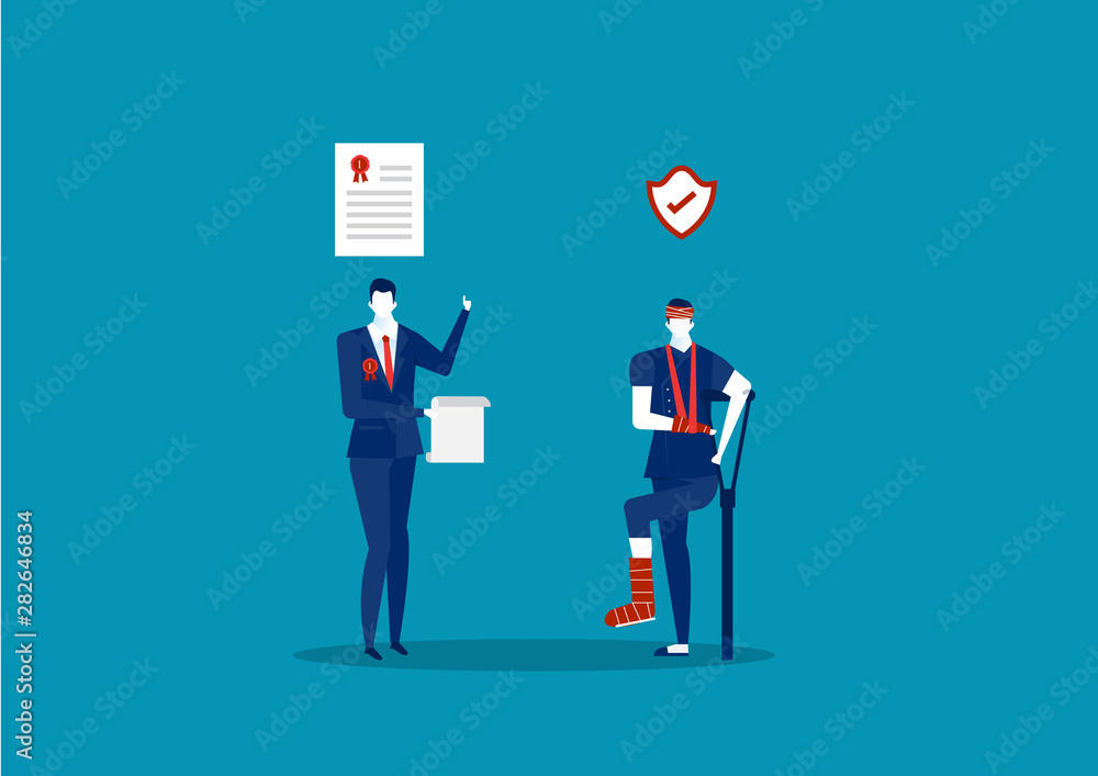 Injured employee with crutches and business offer insurance for claim document. vector illustration on medical insurance for work injury concept.