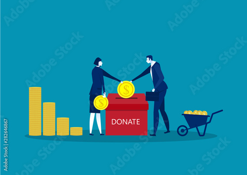 two business throws gold coin in a box for donations. Donate, giving money. Vector illustration, blue on background.