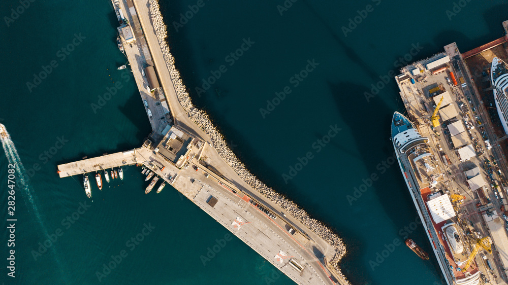 Aerial view of Beautiful port. Logistics and transportation, import export and transport industry.