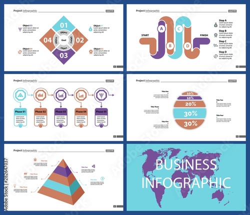 Business infographic creative design set can be used for annual report, web design, workflow layout. Workflow concept. Option, venn, cycle, donut charts, bar graph, flowchart