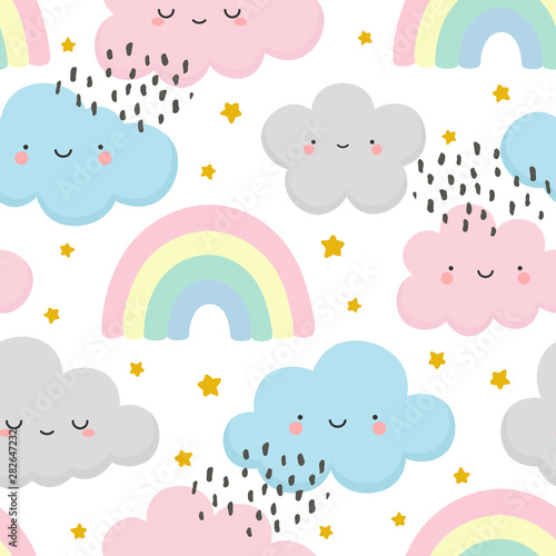cloud pattern, cute face cloud background, rainbow and stars seamless pattern, cartoon vector illustration, sky background for baby