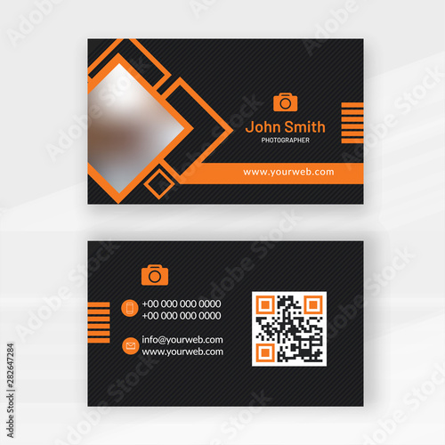 Photographer business card or visiting card design in front and back view.