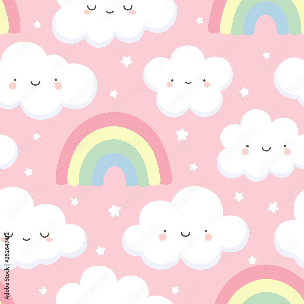 cloud pattern, cute face cloud background, rainbow and stars seamless pattern, cartoon vector illustration, sky background for baby