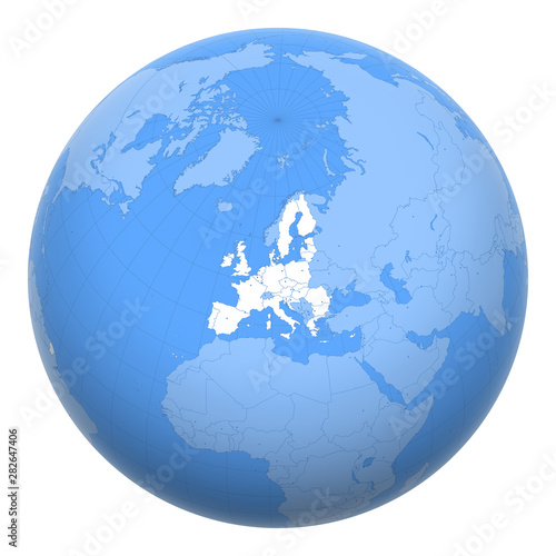European Union (EU) on the globe. Earth centered at the location of the European Union. Map of European Union. Includes layer with capital cities.