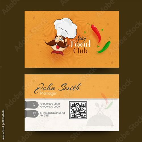 Spicy Food Club business card or visiting card design in front and back view with chef man character.