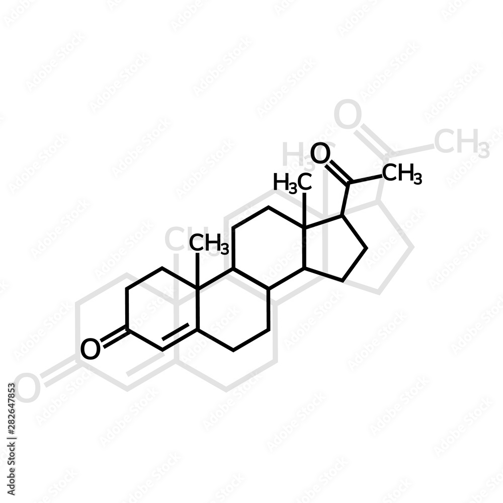 Progesterone chemical formula on white background