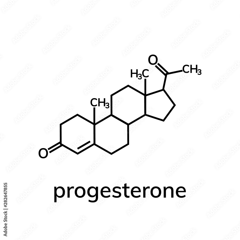 Progesterone chemical formula on white background Progesterone chemical formula on white background