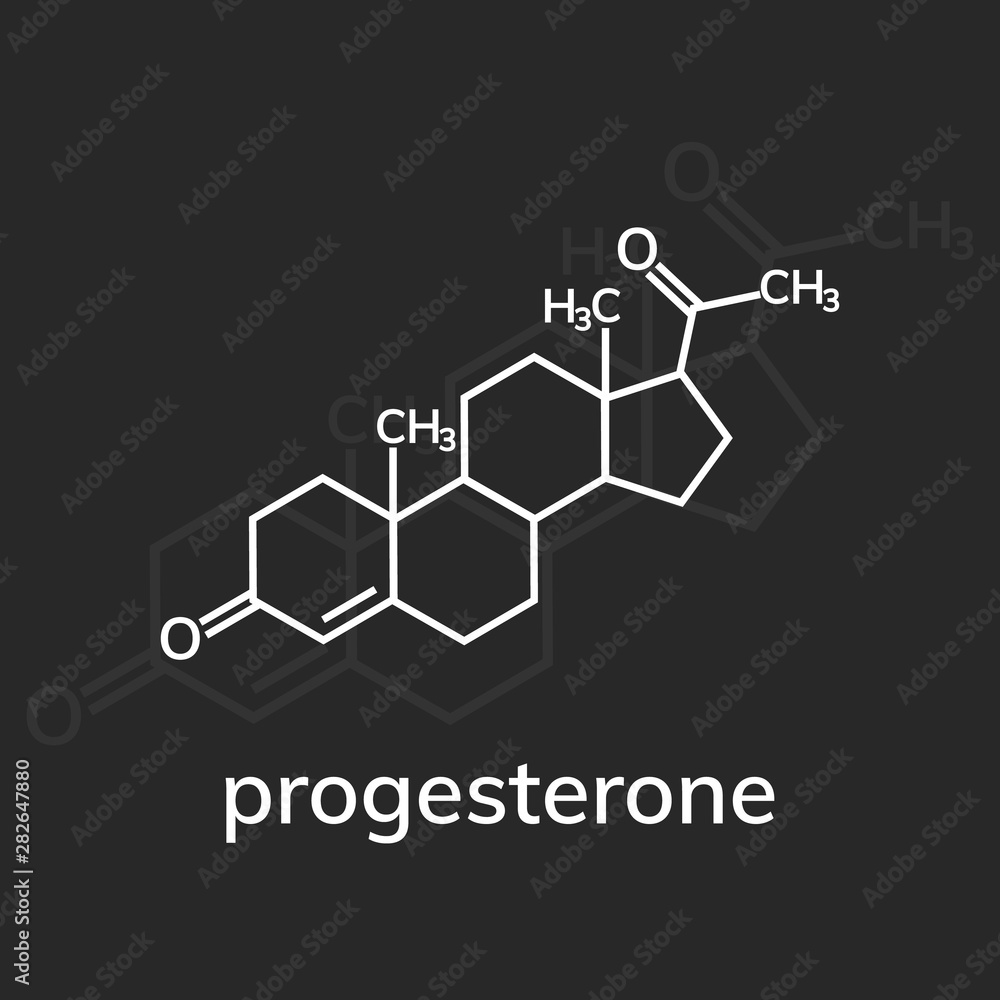 Progesterone chemical formula on dark background