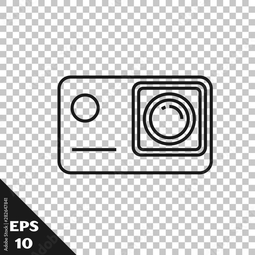 Black line Action extreme camera icon isolated on transparent background. Video camera equipment for filming extreme sports. Vector Illustration