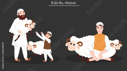 Eid-Al-Adha poster or banner design with illustration of people and sheep on black background.