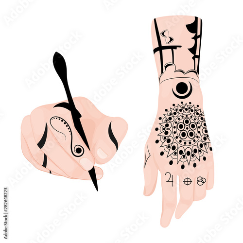 Tattoo or mehndi artsit decorated hands.