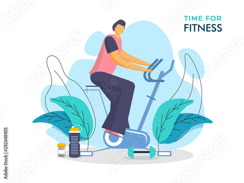 Illustration of man doing exercise on cycling machine abstract background. Time for Fitness concept poster or banner design. © Abdul Qaiyoom