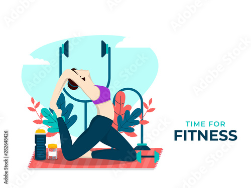 Fit woman doing yoga and exercise on abstract background for Healthy lifestyle concept. Poster or banner design for "Time for Fitness".