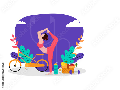 Fit woman doing yoga and exercise on abstract background for Healthy lifestyle concept. Poster or banner design for "Time for Fitness".