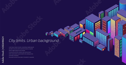 Background with city view with isometric perspective and vibrant neon colors