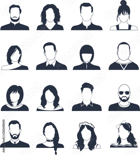 Big set of hand drawn Avatar profile icon (or portrait icon), including male and female.Modern user flat avatar icon, sign, profile people symbol