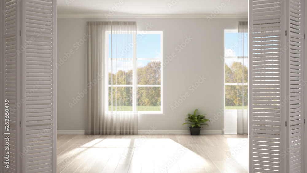 White folding door opening on modern stylish empty room with panoramic windows, white interior design, architect designer concept, blur background - obrazy, fototapety, plakaty 