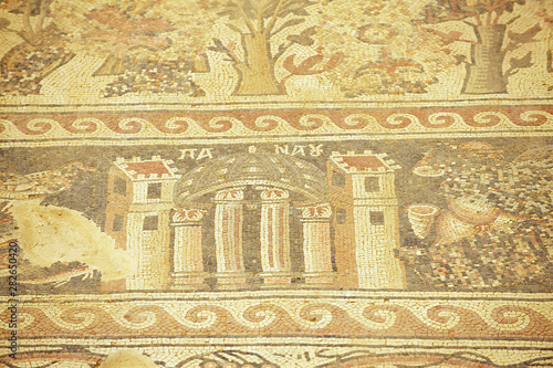 Ancient Roman floor mosaic in the Saint Stevens Church at an archeological site in Umm ar-Rasas, Jordan. UNESCO World heritage site © Dmitry Chulov