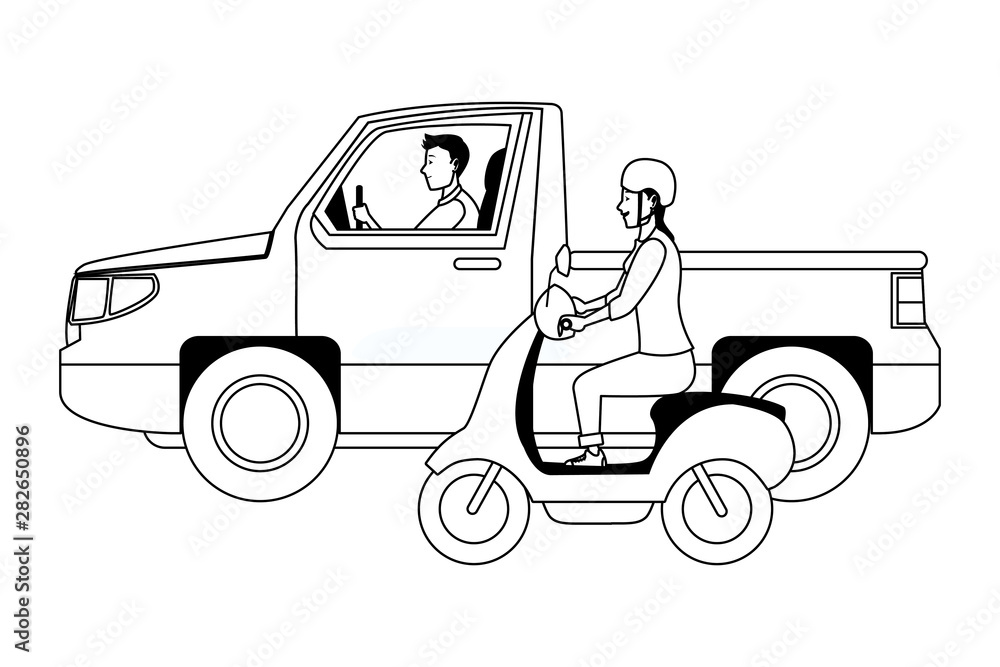 Fototapeta premium Vehicle and motorcycle with drivers riding in black and white