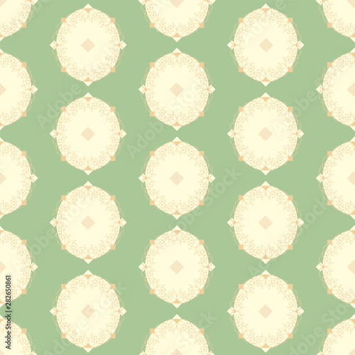 Vector Vintage Water Lily Cameo on Green seamless pattern background.