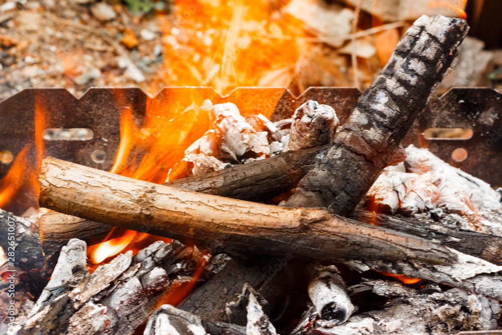 Fototapeta premium Bonfire burning flame close-up view from above
