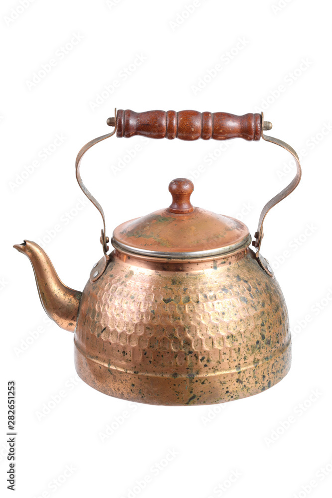 ancient copper moroccan tea pot on white background ancient copper moroccan tea pot on white background