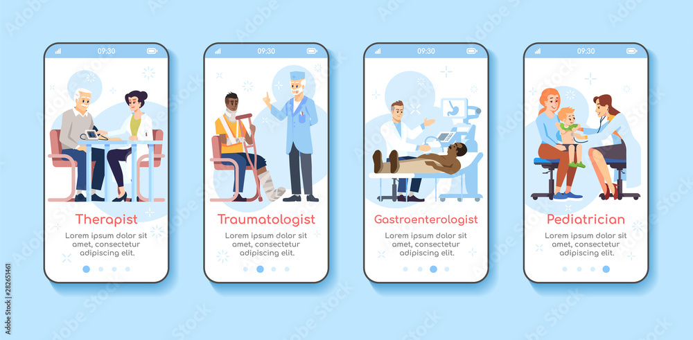 Medicine and healthcare service onboarding mobile app screen template. Therapist, traumatologist, pediatrician. Walkthrough website steps with flat characters. UX, UI, GUI smartphone cartoon interface