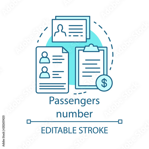 Passenger number concept icon. Reservation system idea thin line illustration. Service prices. Record database. Airline, travel industry. Plane ticket. Vector isolated outline drawing. Editable stroke