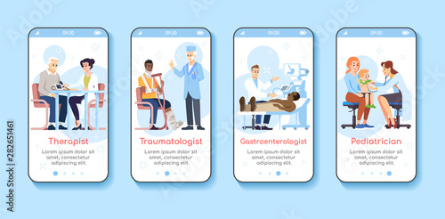 Medicine and healthcare service onboarding mobile app screen template. Therapist, traumatologist, pediatrician. Walkthrough website steps with flat characters. UX, UI, GUI smartphone cartoon interface