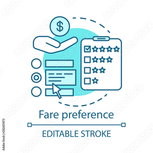 Fare preference concept icon. Transportation costs idea thin line illustration. Services, airline classes price. Airplane amenities. Travel expenses. Vector isolated outline drawing. Editable stroke