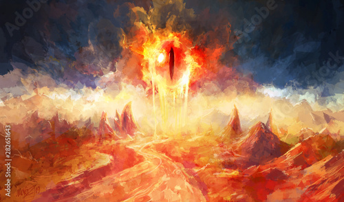 The Eye from which lava flows - Fantasy Concept art with Mountains Landscape and lava river. photo