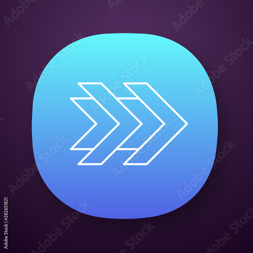 Double arrows app icon. Fast forward right arrowheads. Rewinding button. Navigation pointer, indicator symbol. UI/UX user interface. Web or mobile application. Vector isolated illustration