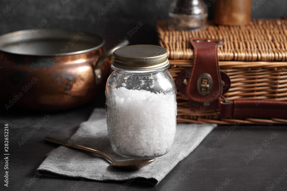 France sea salt in glass bottle on kitchen rustic style France sea salt in glass bottle on kitchen rustic style