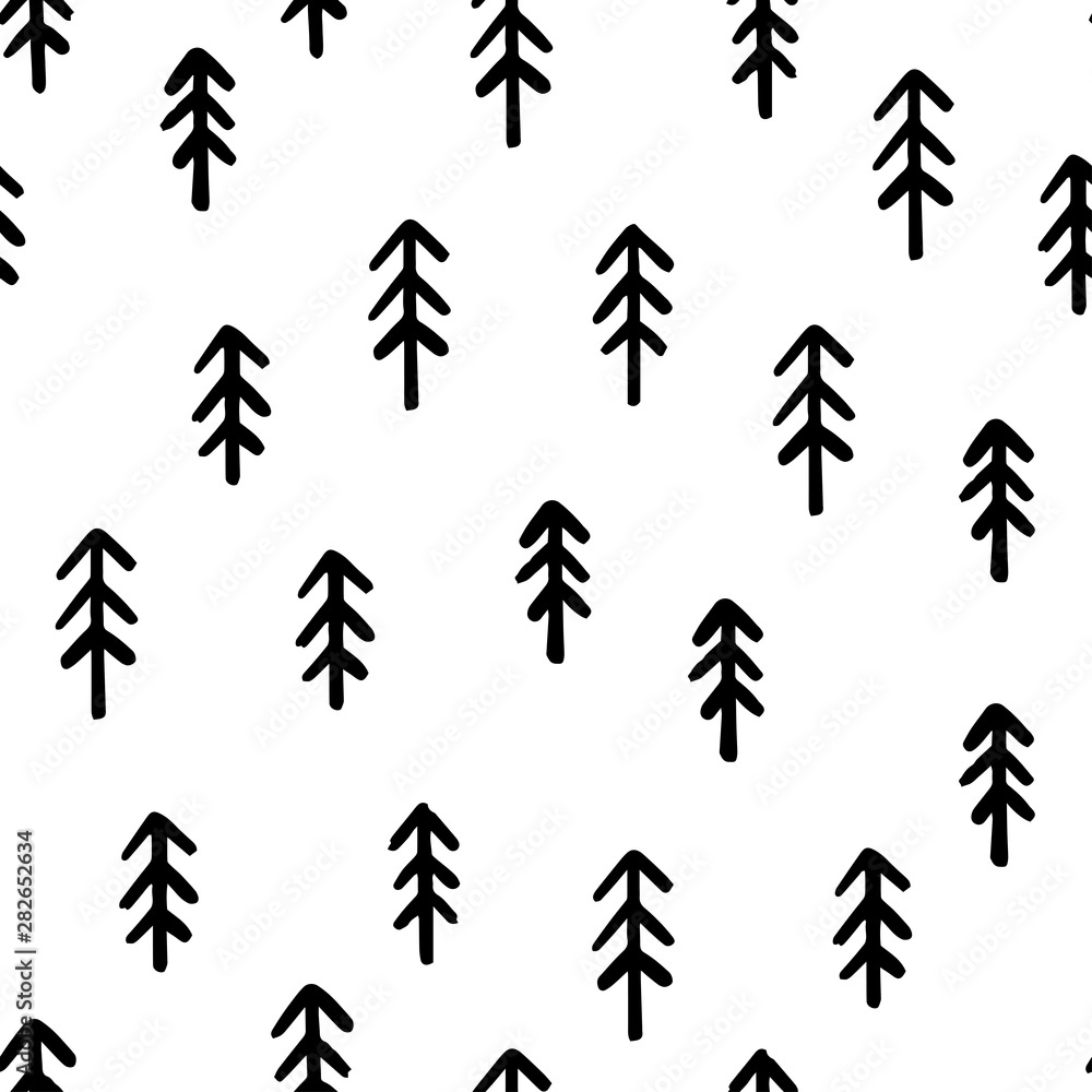 Hand draw Christmas Tree Seamless Pattern black and white colors ...