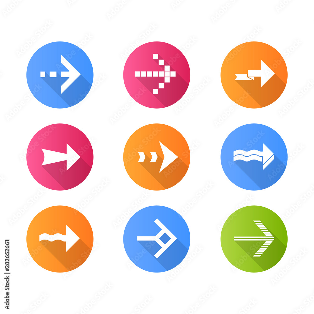 Arrows flat design long shadow glyph icons set. Wavy, pixel, folding, dashed next arrows. Navigation pointer, indicator sign. Arrowheads pointing to right direction. Vector silhouette illustration